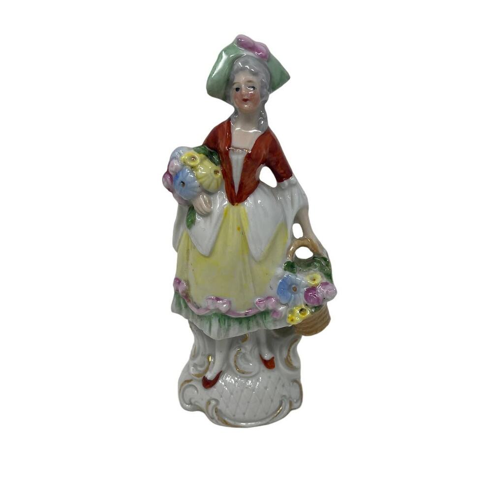 Vintage 18th Century Female Villager Victorian Figurine With Flowers ~JAPAN  5"